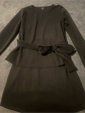 Black Long Sleeve Peplum Belted Dress Shirt
